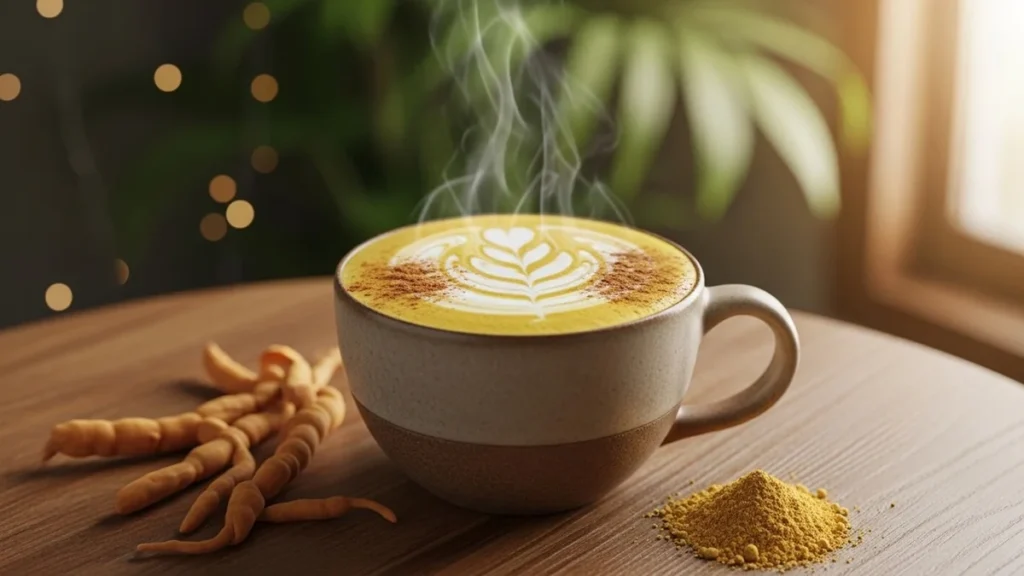 Ashwagandha: O Adaptógeno que Reduz o Cortisol em 30% (Guia Completo 2026) 2 Caneca de cerâmica com latte dourado de ashwagandha quente, espuma cremosa com arte de canela em pó, raízes e pó de ashwagandha espalhados sobre mesa de madeira, fundo desfocado com plantas verdes, iluminação acolhedora de rotina matinal, estética hygge de bem-estar
