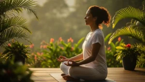 Mulher brasileira meditando ao amanhecer em posição de lótus, praticando técnica de redução de cortisol e controle do estresse crônico em ambiente natural com luz dourada