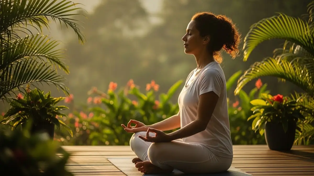 Mulher brasileira meditando ao amanhecer em posição de lótus, praticando técnica de redução de cortisol e controle do estresse crônico em ambiente natural com luz dourada