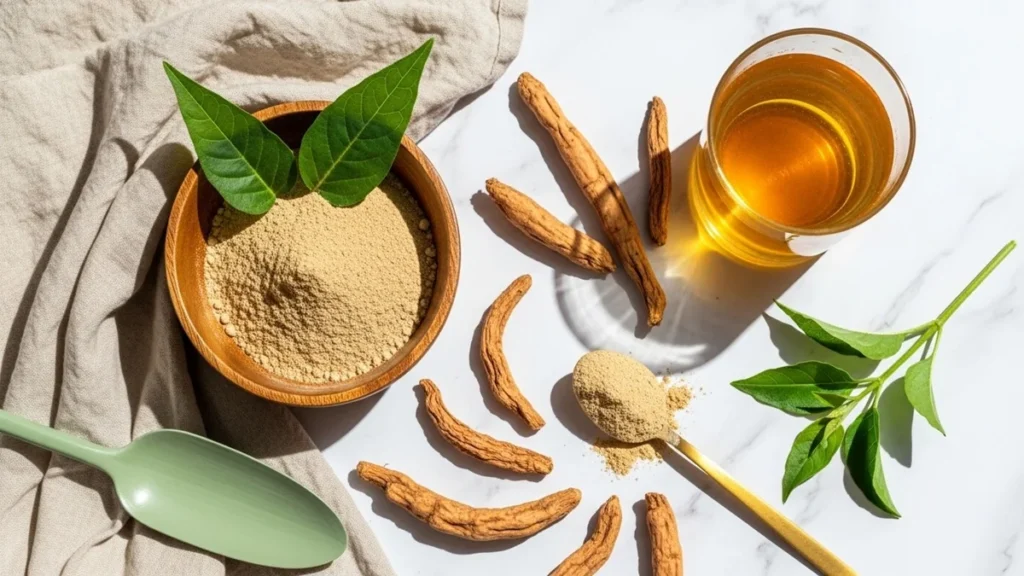 Ashwagandha: O Adaptógeno que Reduz o Cortisol em 30% (Guia Completo 2026) 1 Flat lay de ritual de bem-estar com ashwagandha: tigela de madeira com pó bege, folhas verdes frescas, colher de latão com pó, copo de tônico ayurvédico dourado, raízes secas dispostas artisticamente, guardanapo de linho, superfície de mármore, luz solar suave criando sombras, estética de lifestyle saudável
