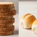 Pão Integral - Comparação de 8 fatias de pão integral com 2 pães brancos - mostrando densidade calórica.