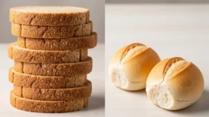 Pão Integral - Comparação de 8 fatias de pão integral com 2 pães brancos - mostrando densidade calórica.