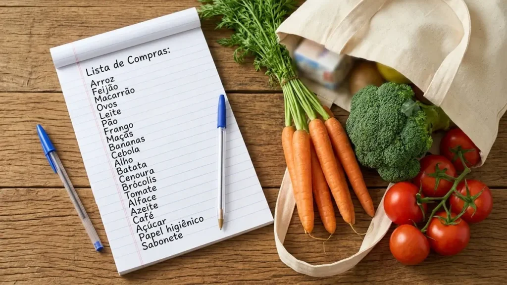 Lista de compras para cardápio semanal ao lado de vegetais frescos