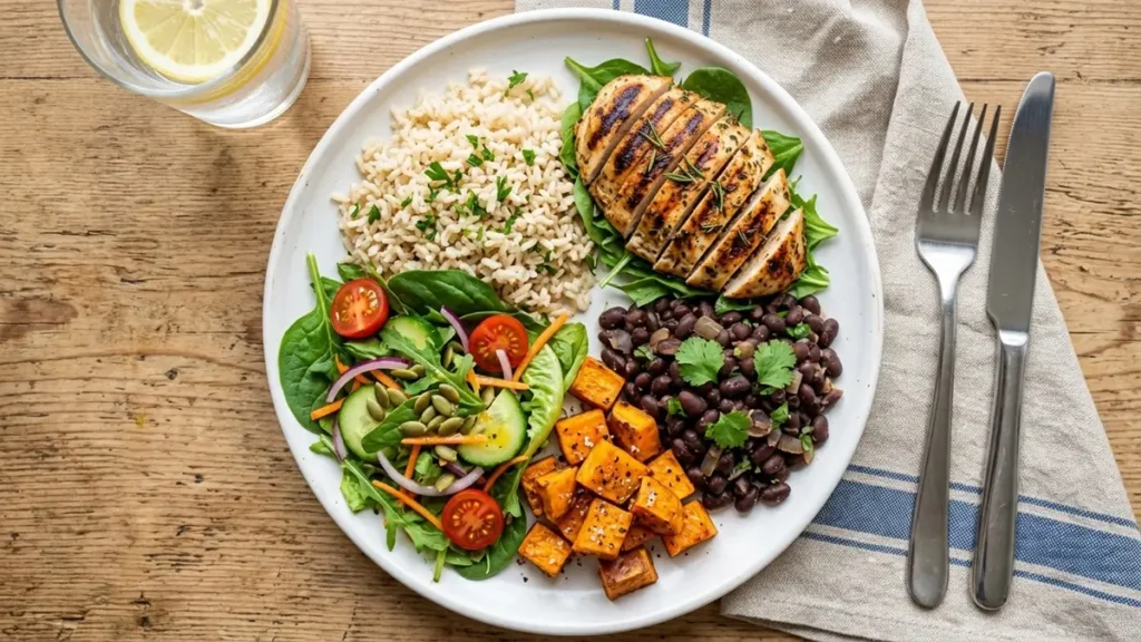 Prato de almoço saudável com frango, arroz integral e salada para emagrecer