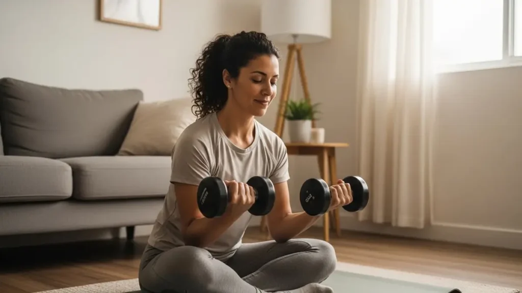 Mulher brasileira de 40 anos praticando treino de força moderado em casa com halteres, exercício físico consciente para reduzir cortisol e equilibrar hormônios do estresse