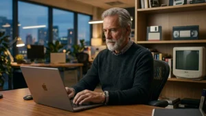 Homem sênior de 60 anos trabalhando em notebook moderno com elementos retrô dos anos 90 como disquetes e monitor antigo ao fundo, simbolizando a evolução tecnológica.