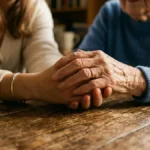 Mãos de uma cuidadora segurando as mãos de uma idosa com Alzheimer, simbolizando cuidado, amor e paciência.
