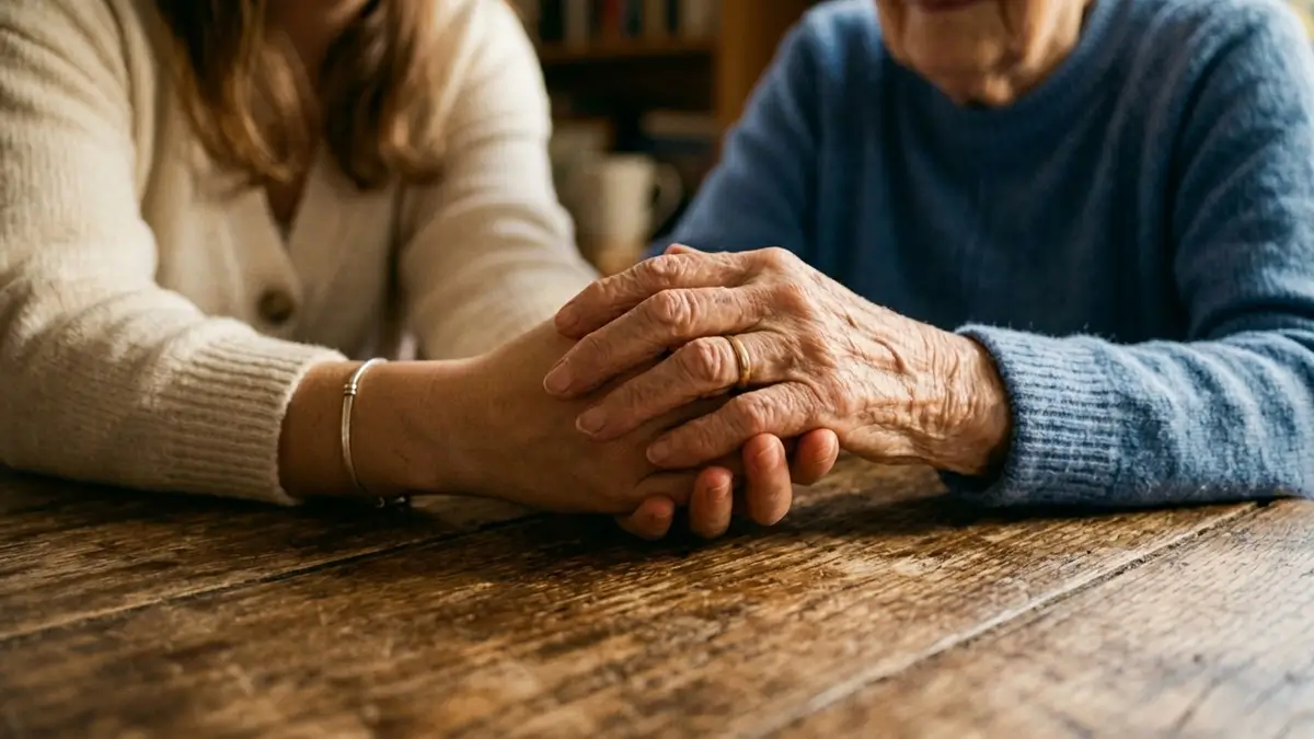 Mãos de uma cuidadora segurando as mãos de uma idosa com Alzheimer, simbolizando cuidado, amor e paciência.