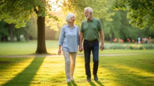Senior couple walking and laughing in a sunlit park, healthy aging after 60.