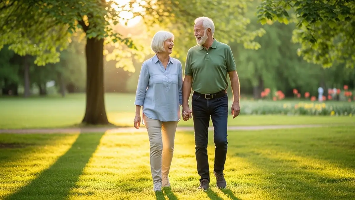 Senior couple walking and laughing in a sunlit park, healthy aging after 60.
