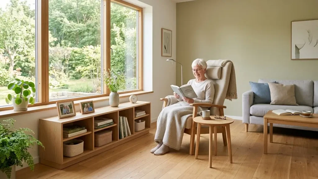 Sala de estar adaptada para idoso com Alzheimer, mostrando um ambiente seguro, organizado e livre de riscos de queda.