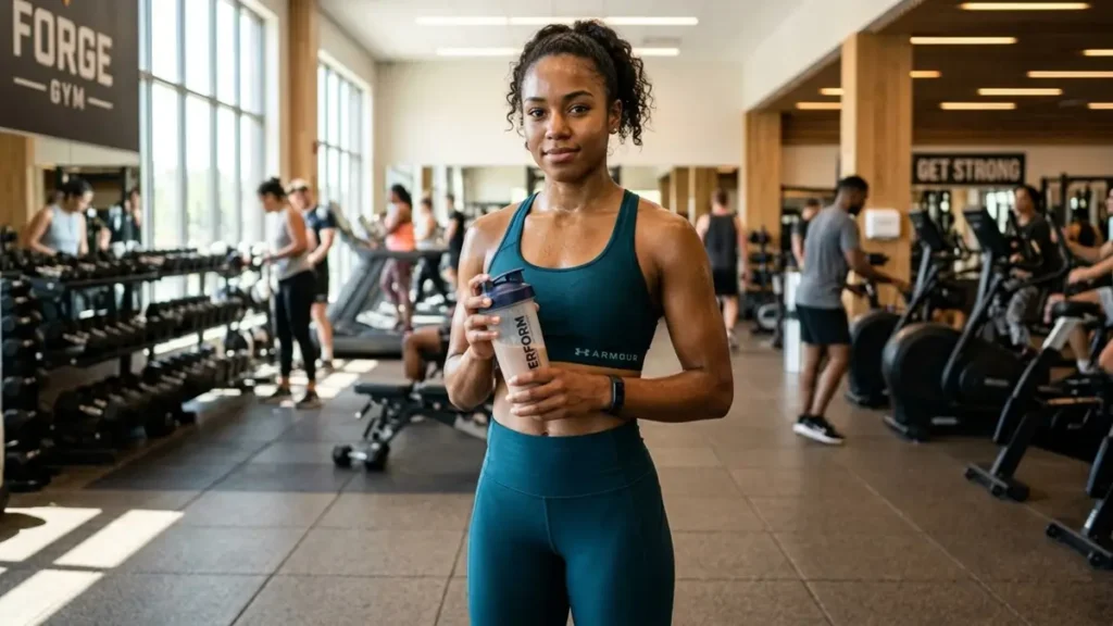 Sports Supplements - Athlete holding a shaker bottle after training in a modern gym.