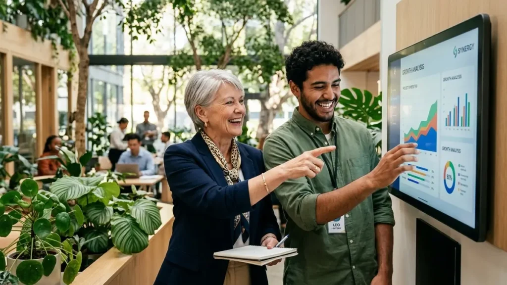 Mercado de Trabalho 60+ - Profissional sênior 60+ ensinando jovem colega de trabalho em frente a um tablet, demonstrando colaboração entre gerações e diversidade etária no escritório.