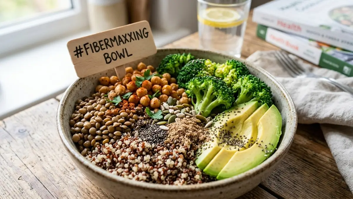 colorful bowl with high-fiber foods including lentils chickpeas avocado broccoli and chia seeds for gut health