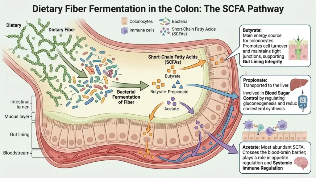 illustration of gut microbiome showing how dietary fiber produces short-chain fatty acids butyrate propionate acetate