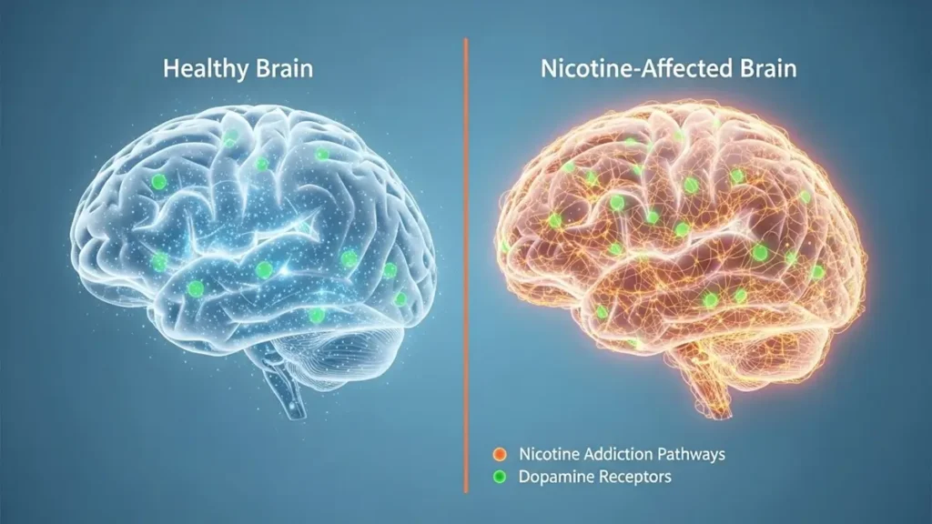 Brain diagram showing nicotine effect on dopamine receptors and reward system.