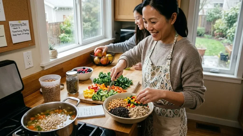 woman preparing a high-fiber meal with vegetables legumes and whole grains in a bright kitchen