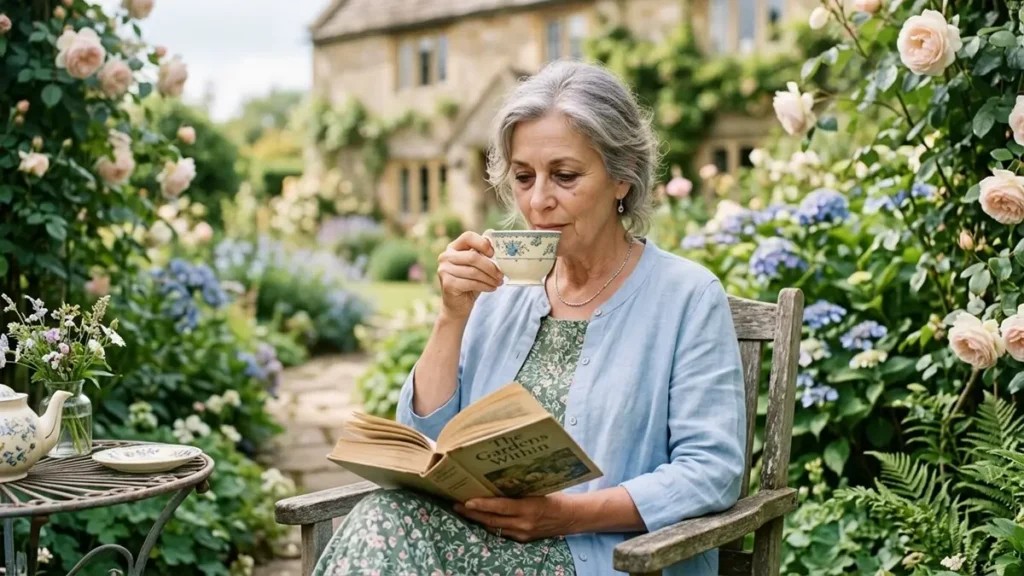 Cuidadora em um momento de pausa e autocuidado, lendo um livro em um jardim tranquilo.