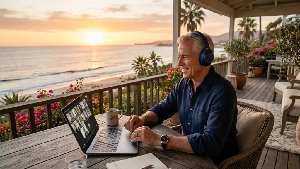 Homem de 60 anos trabalhando em regime de home office em uma varanda iluminada pelo pôr do sol, representando a flexibilidade da Economia Prateada.