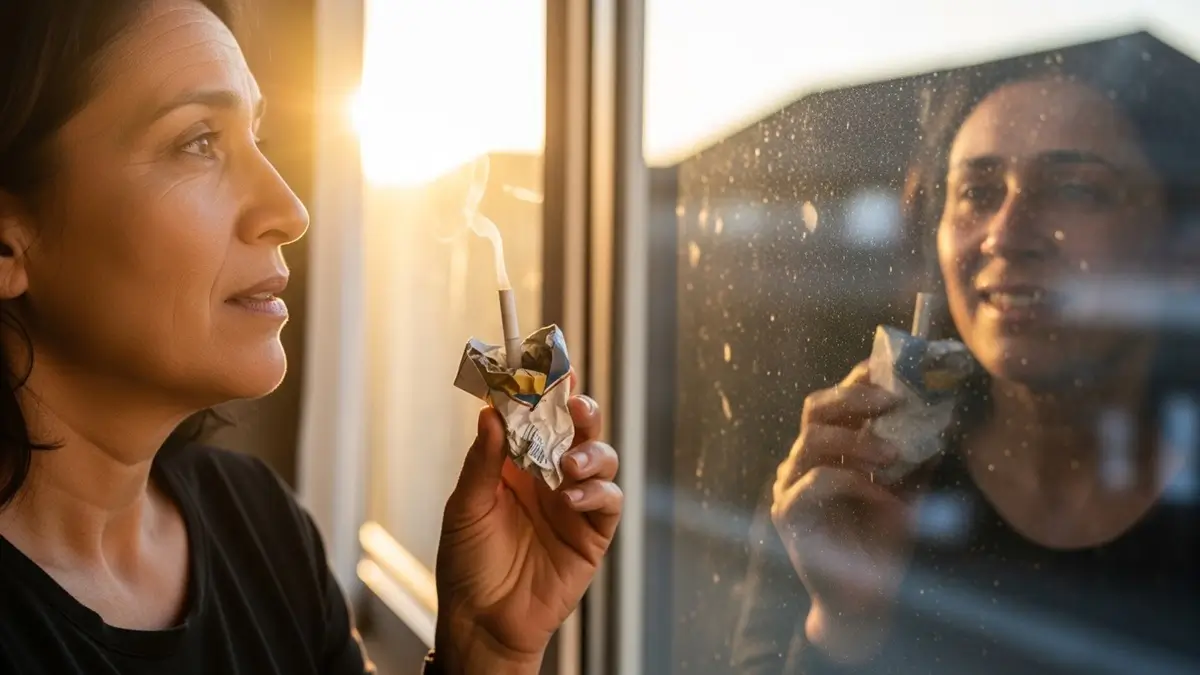 Person holding crumpled cigarette pack at sunrise, symbolizing hope for quitting smoking success.