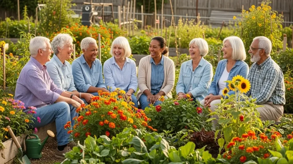 Group of happy seniors talking outdoors in a community garden.