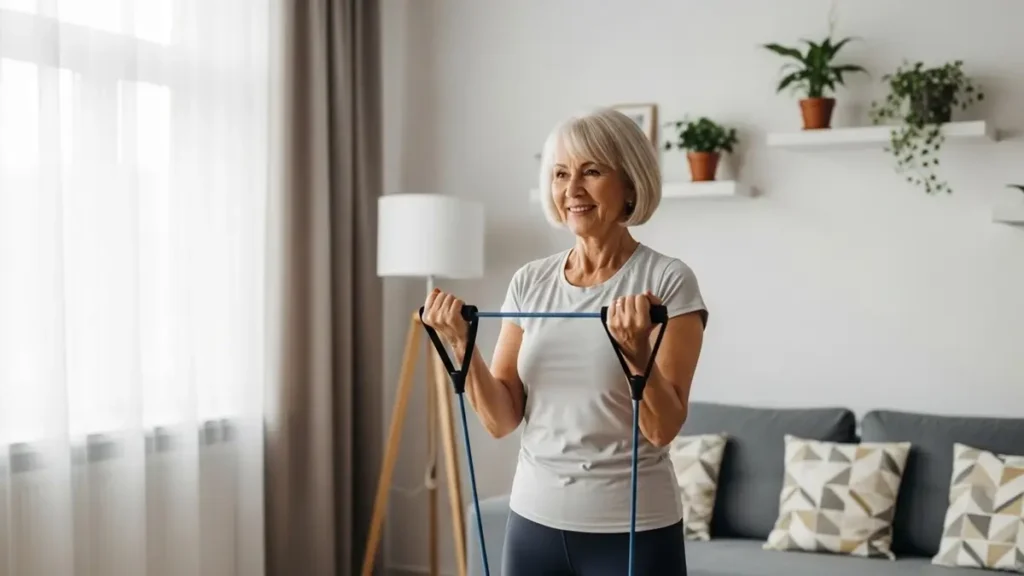Fulfilling Life After 60 - Senior woman smiling while exercising with resistance bands at home.