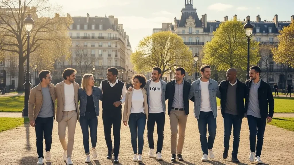 Diverse group walking together in European park, symbolizing social support for quitting smoking.