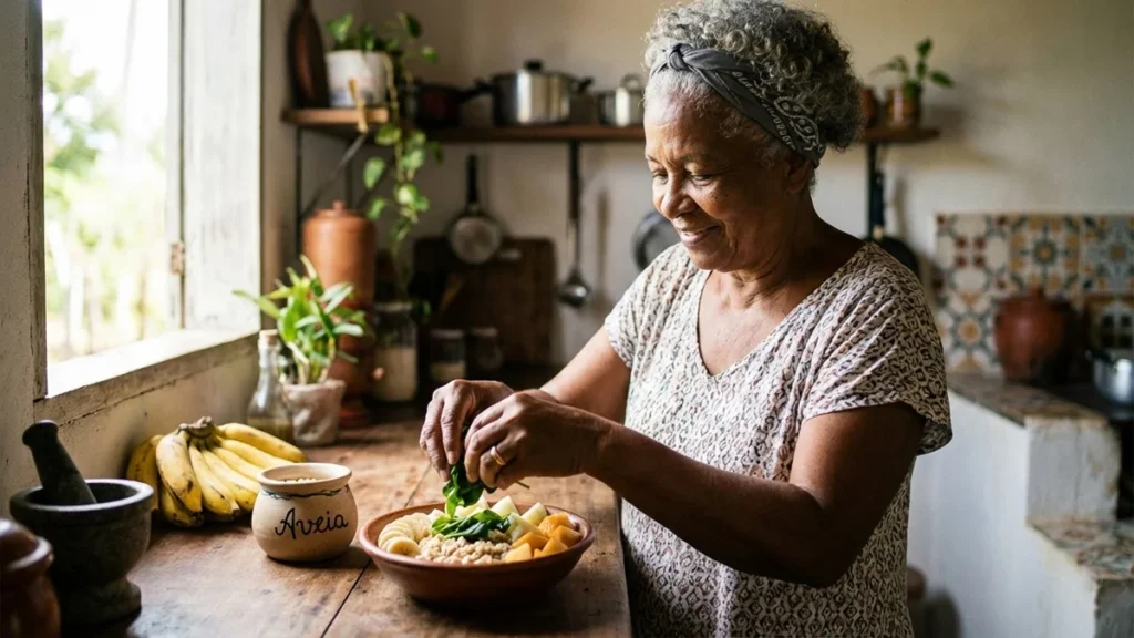 Mulher idosa sorrindo enquanto prepara uma tigela de aveia com frutas ricas em potássio na cozinha.
