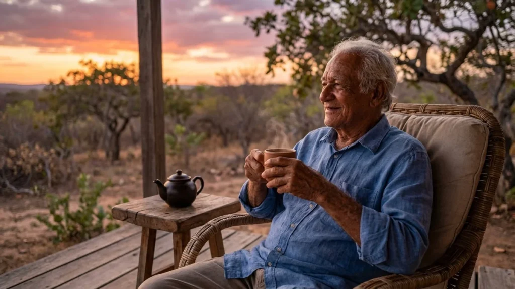 Homem idoso relaxando em uma cadeira na varanda, segurando uma xícara de chá morno ao pôr do sol.