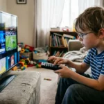 Menino autista de 8 anos sentado no chão olhando para TV enquanto segura controle remoto com ambas as mãos, demonstrando concentração intensa e agilidade motora.