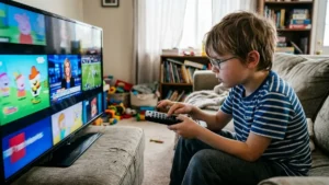 Menino autista de 8 anos sentado no chão olhando para TV enquanto segura controle remoto com ambas as mãos, demonstrando concentração intensa e agilidade motora.