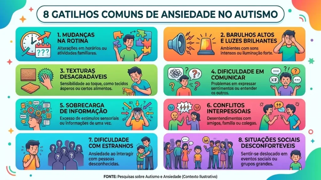 Infográfico educativo com fundo azul claro mostrando oito ícones circulares representando cada gatilho de ansiedade no autismo, com textos explicativos ao lado de cada ícone.