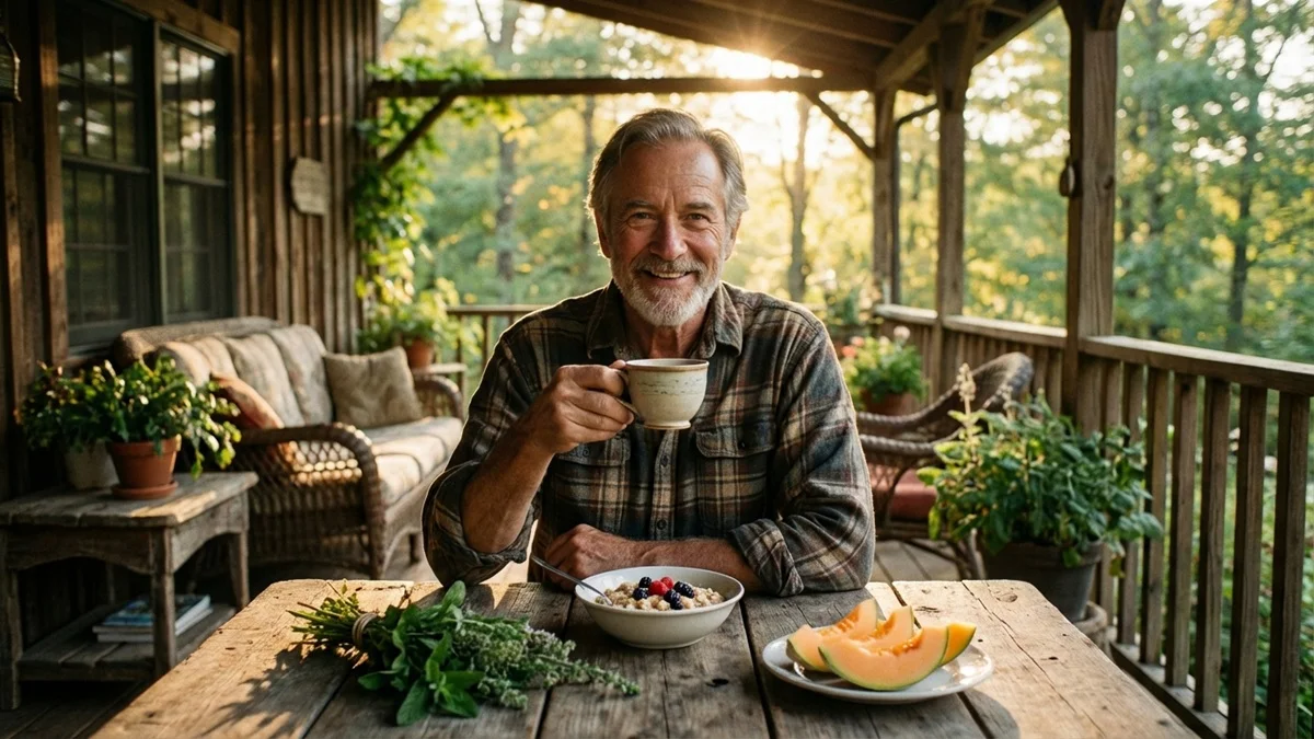 Senhor de 60 anos sorrindo enquanto toma chá na varanda, com uma mesa saudável contendo aveia, melão e ervas frescas para auxiliar no controle da pressão arterial.