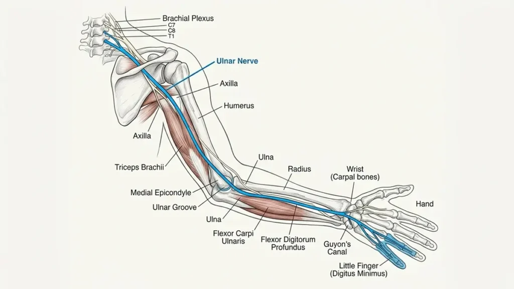 Anatomical diagram showing the ulnar nerve pathway from the neck to the little finger highlighted in blue