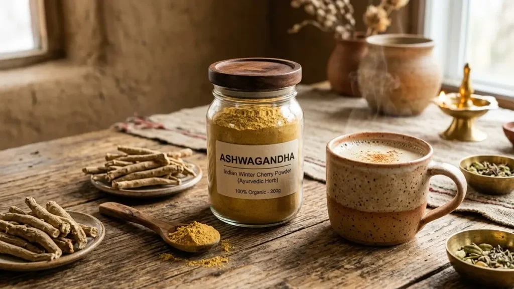 Pó de ashwagandha orgânica com leite vegetal, adaptógeno ayurvédico que baixa cortisol e combate ansiedade crônica sem efeitos colaterais