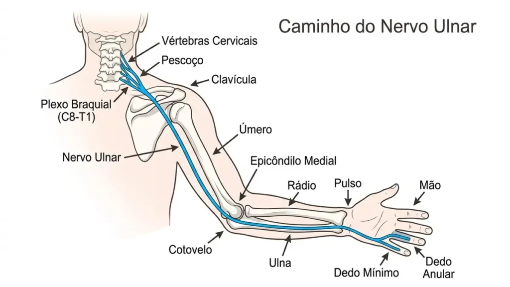Dormência nas Mãos e no Mindinho? A Culpa Pode Ser do Computador (Entenda o Nervo Ulnar) 2 Trajeto do nervo ulnar do pescoço ao dedo mindinho