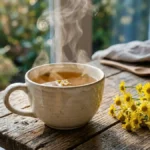 Xícara de chá de camomila fresco com flores secas, remédio caseiro comprovado para aliviar ansiedade e estresse diário.