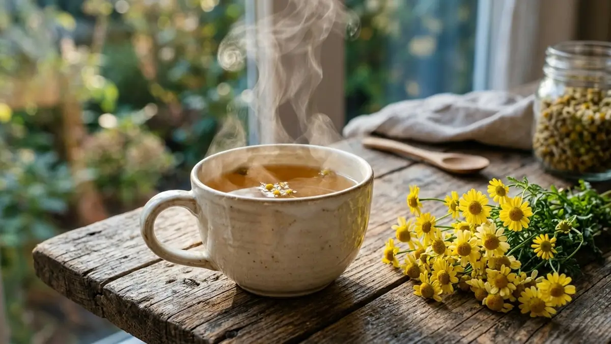 Xícara de chá de camomila fresco com flores secas, remédio caseiro comprovado para aliviar ansiedade e estresse diário.