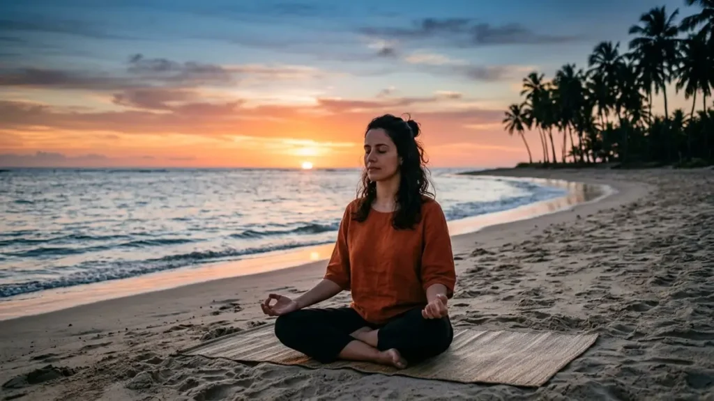 Pessoa praticando meditação mindfulness na praia, estratégia para potencializar remédios naturais contra ansiedade no Nordeste brasileiro.