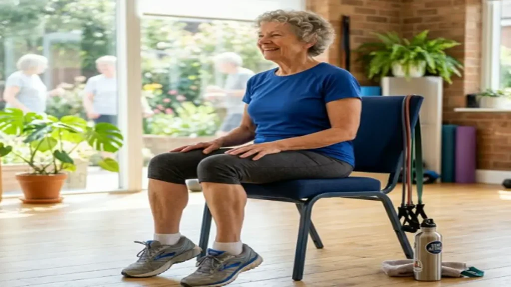 Exercícios de perna sentados para idosos com artrose no joelho: O Guia Definitivo 2 Idosa fazendo elevação de panturrilha na cadeira para estimular circulação nas pernas.