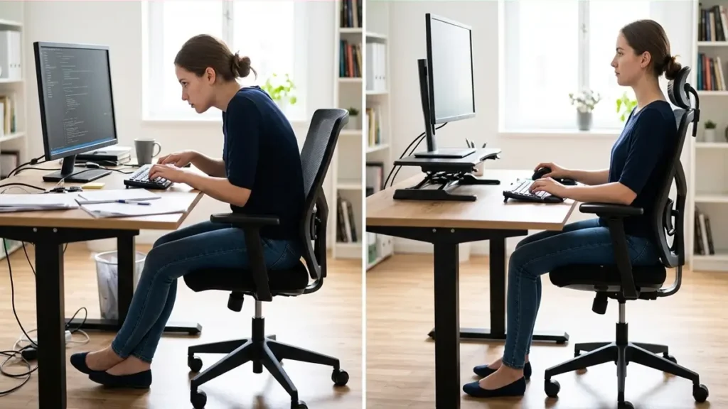 Dormência nas Mãos e no Mindinho? A Culpa Pode Ser do Computador (Entenda o Nervo Ulnar) 1 Dormência nas Mãos e no Mindinho? - Comparação entre postura incorreta que comprime nervo ulnar e postura ergonômica correta no computador