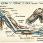 Dormência nas Mãos e no Mindinho? - Trajeto do nervo ulnar do pescoço ao dedo mindinho destacado em azul