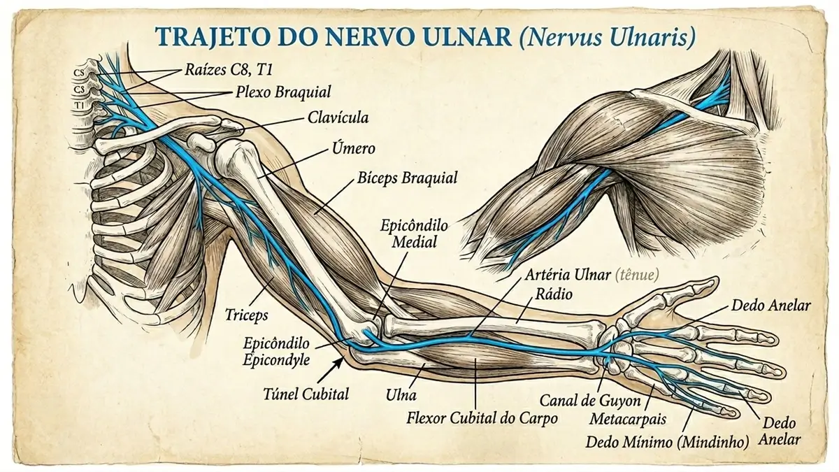 Dormência nas Mãos e no Mindinho? - Trajeto do nervo ulnar do pescoço ao dedo mindinho destacado em azul