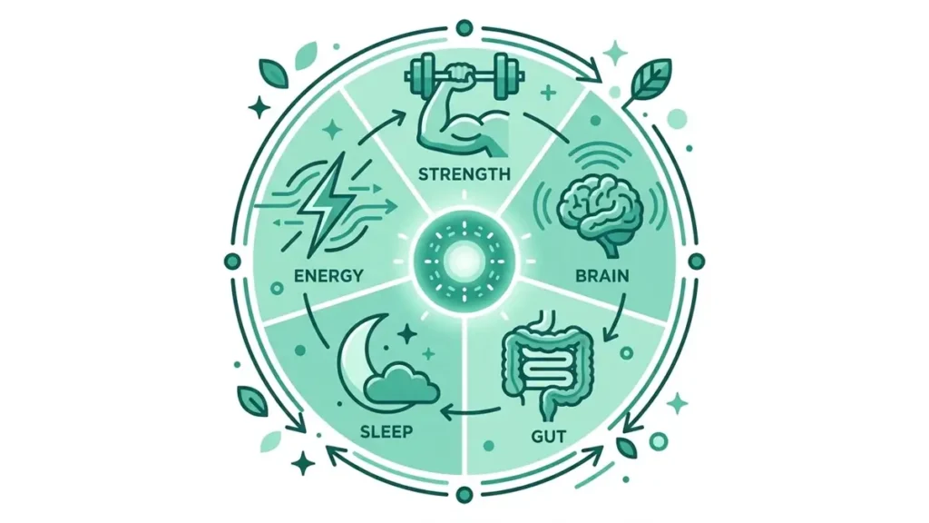 Ilustração com os 5 pilares do healthspan: massa muscular, saúde cognitiva, microbioma intestinal, qualidade do sono e saúde metabólica