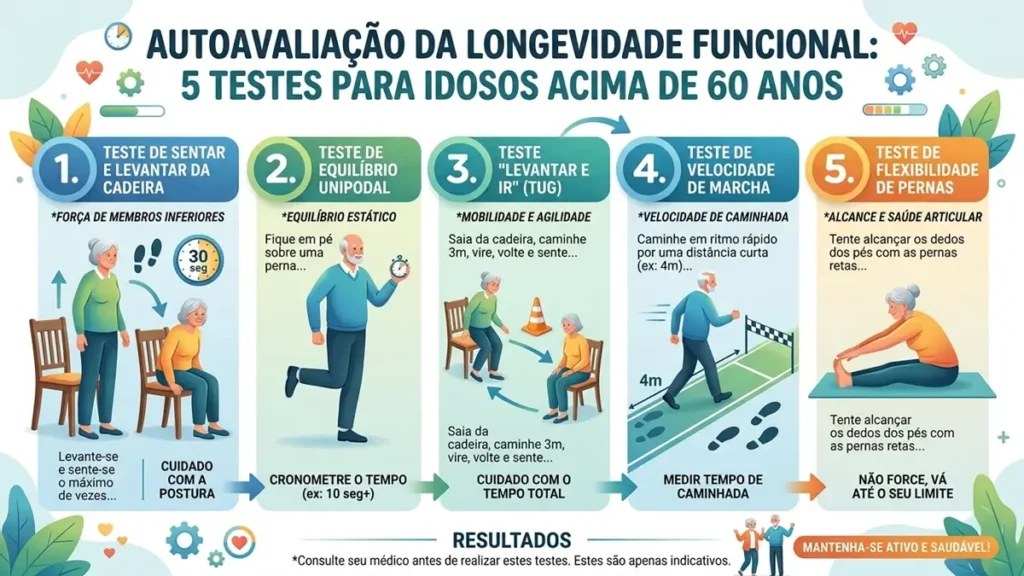 Ilustração com os 5 testes de autoavaliação da longevidade funcional: sentar e levantar do chão, equilíbrio unipodal, velocidade de caminhada, força de preensão e memória de trabalho