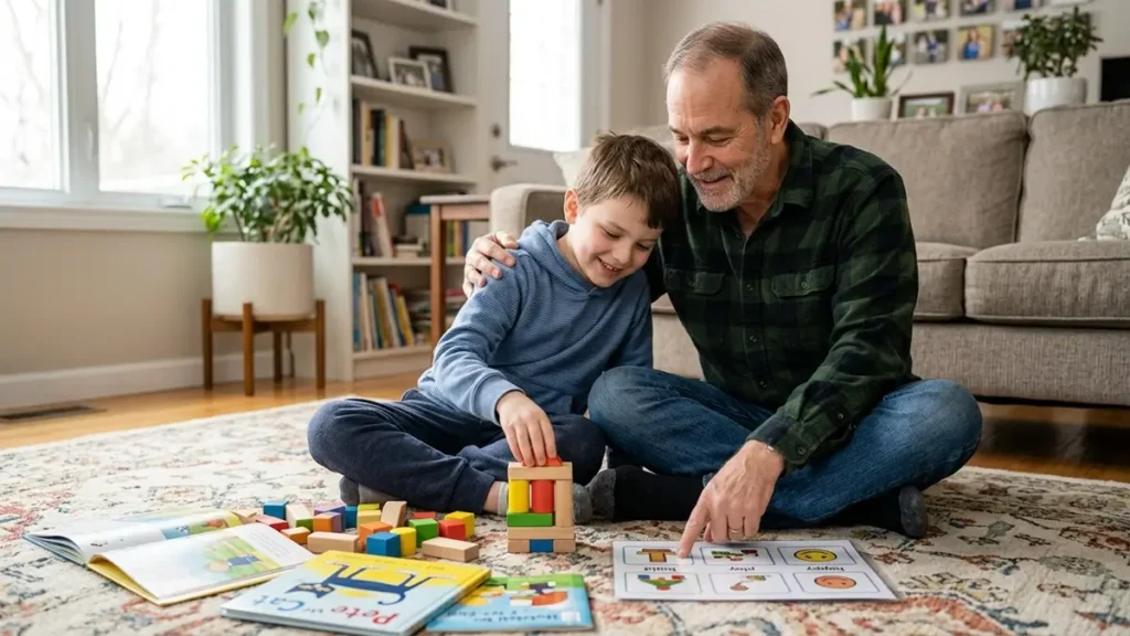 Avô atípico interagindo com menino de 8 anos com autismo em ambiente acolhedor.