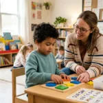 Criança com autismo em ambiente acolhedor de aprendizagem com materiais educativos coloridos.