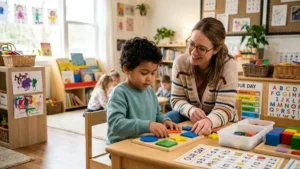 Criança com autismo em ambiente acolhedor de aprendizagem com materiais educativos coloridos.
