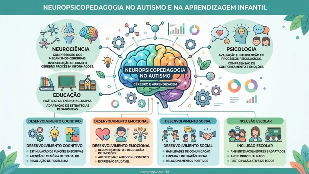 Infográfico sobre neuropsicopedagogia aplicada ao autismo e à aprendizagem infantil.