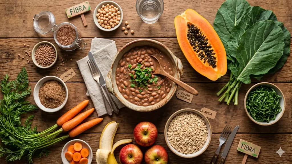 Alimentos ricos em fibras para idosos: feijão, aveia, mamão, maçã, banana, cenoura e linhaça